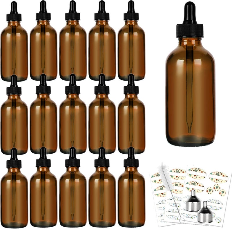 CycleMore 16 Pack (120 ml) 4 oz Amber Glass Boston Bottles with Glass Eye Droppers, Dropper Bottles for Essential Oils & Lab Chemicals & More Liquids Ideal for Mom & Friends - Image 1
